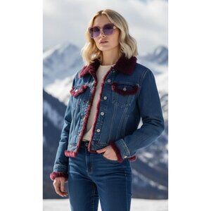 Designer Beaver Fur Trimmed Denim Blue Jean Jacket Sz M Trimmed in Purple $755